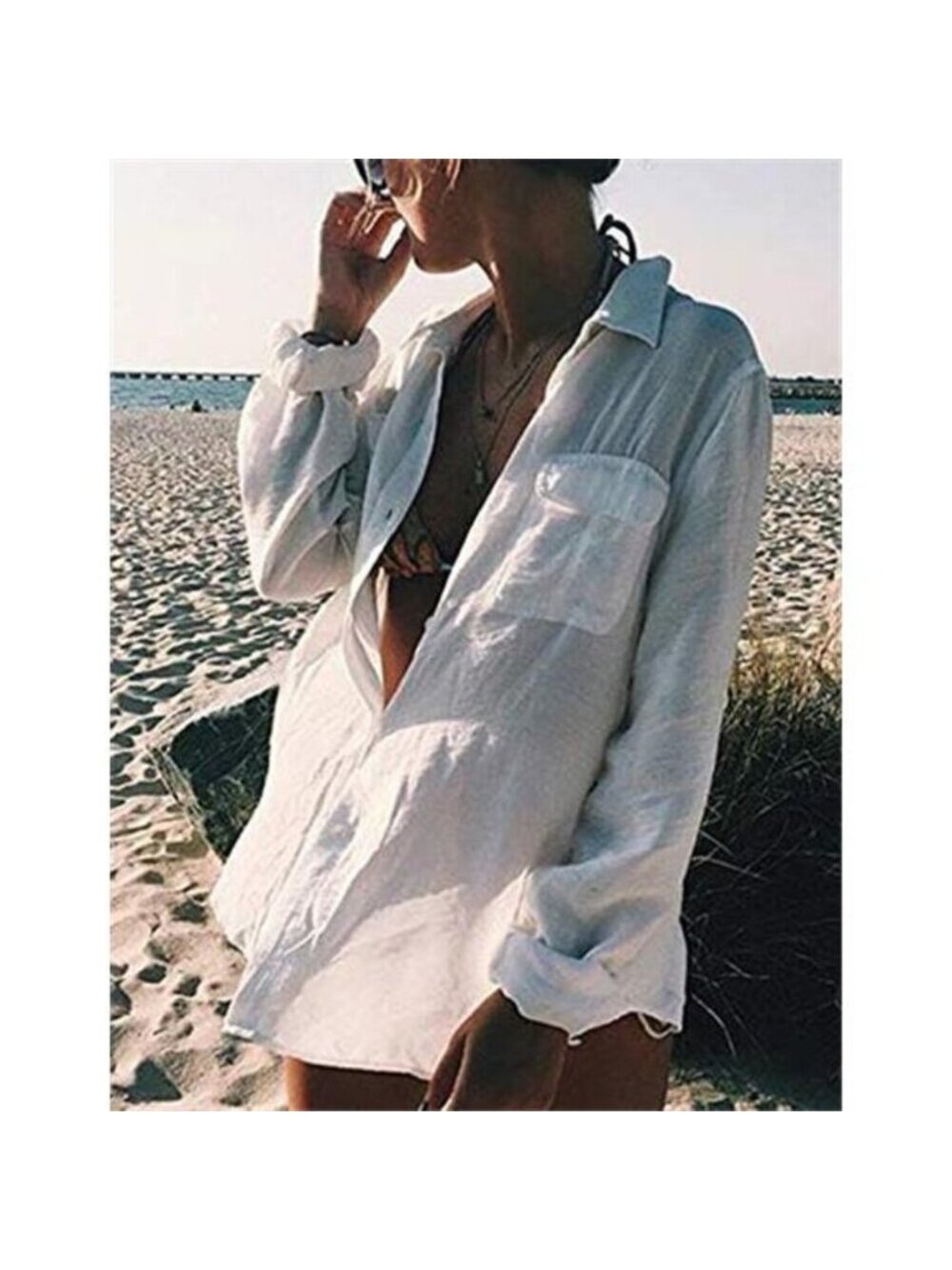 Women's Long Sleeve Beach Shirt Blouses Bathing Suit Cover Up - Picture 3 of 5